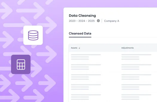 Screen showing Data Cleansing interface for Company A with columns for Assets and Adjustments, against a purple background with data and spreadsheet icons.