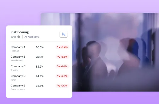 Risk scoring table for 2025 listing five companies with their industries, percentages, and red downward change indicators on a blurred purple background.