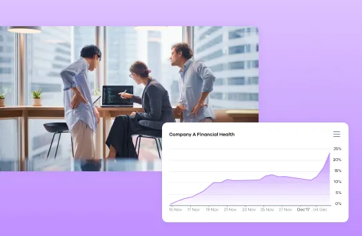 Three professionals in business attire discussing data on a laptop screen with a financial health chart showing rising trend from November to December overlayed.