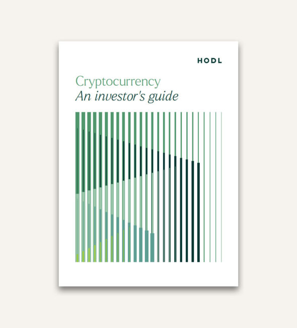 Omslag van 'Cryptocurrency: An investor's guide' met abstract grafiek van verticale lijnen in groen en zwart, symboliserend m