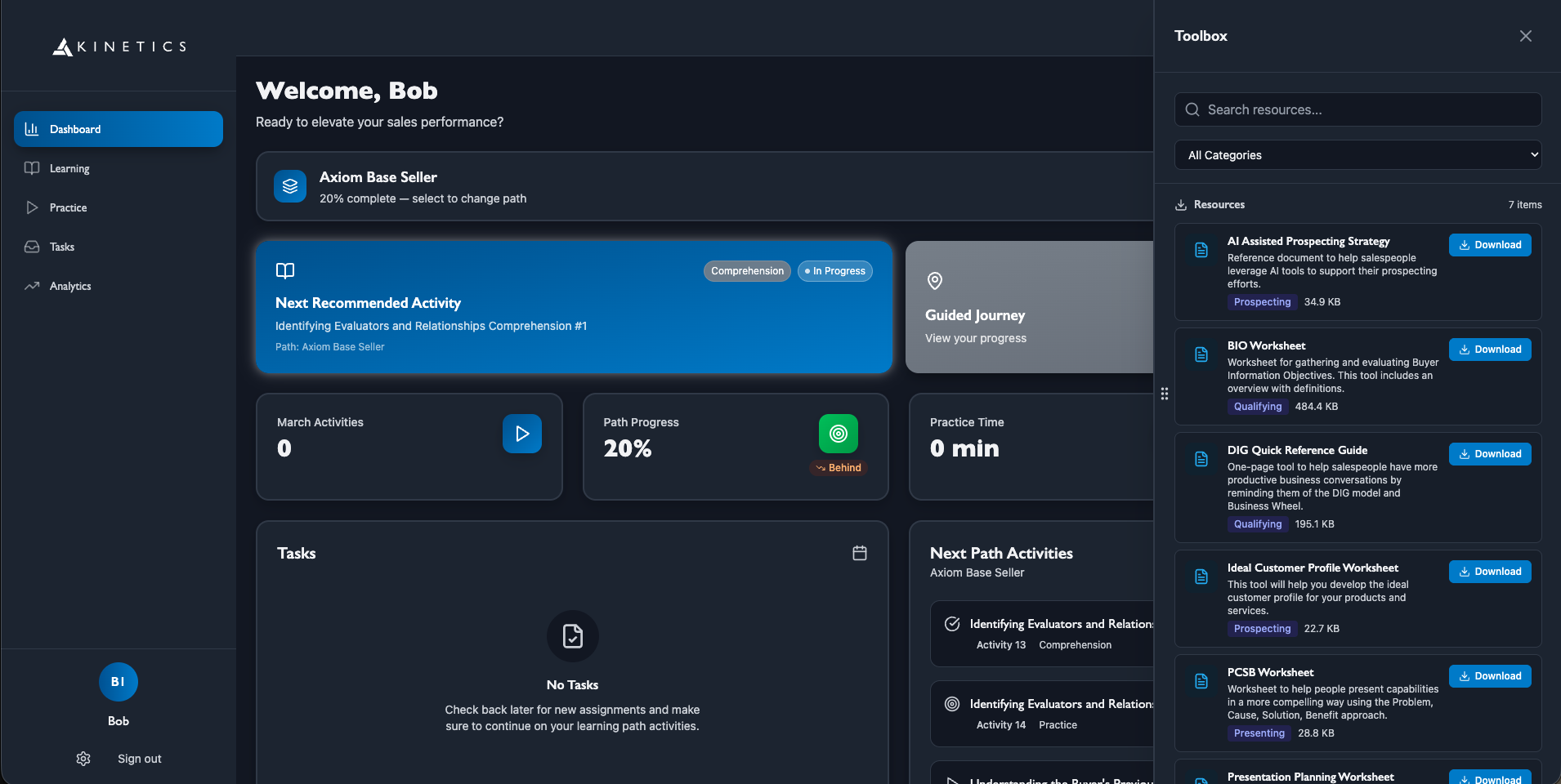 Kinetics Learning — dashboard with guided learning path and progress tracking