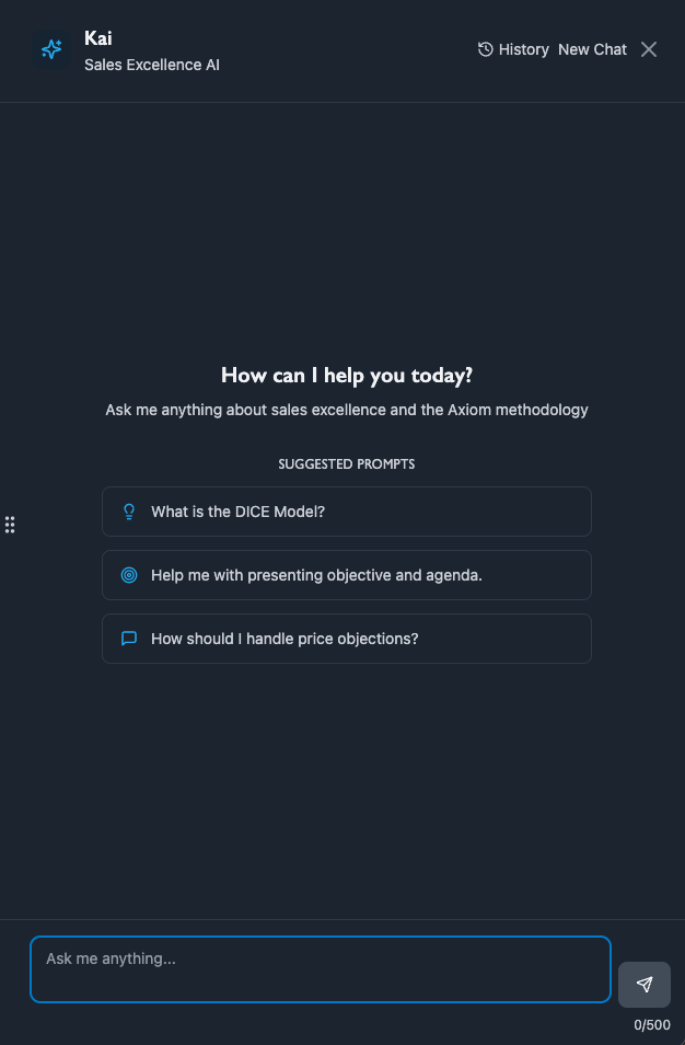 Kai — Sales Excellence AI interface with suggested prompts