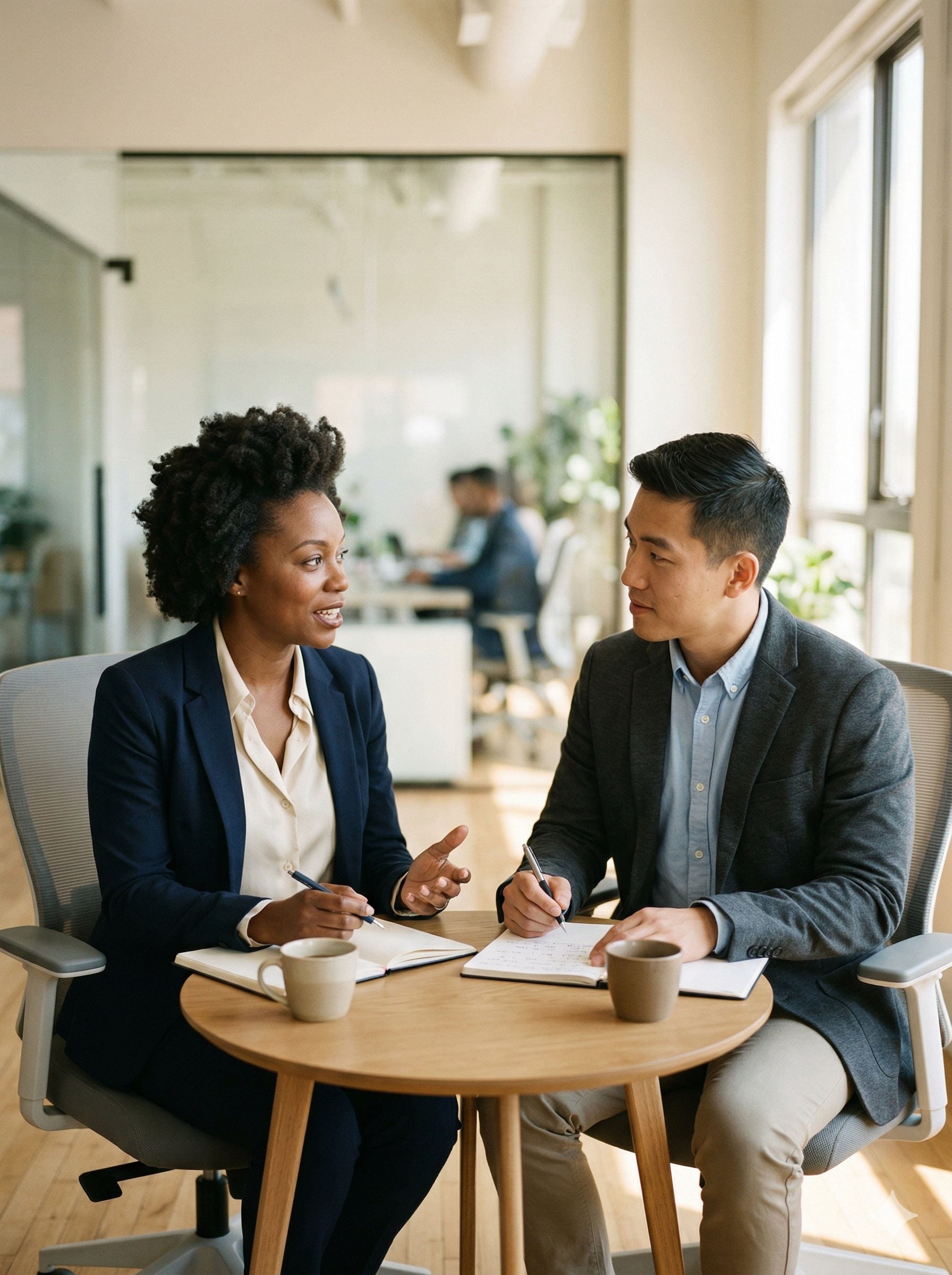 Two professionals in a focused one-on-one conversation