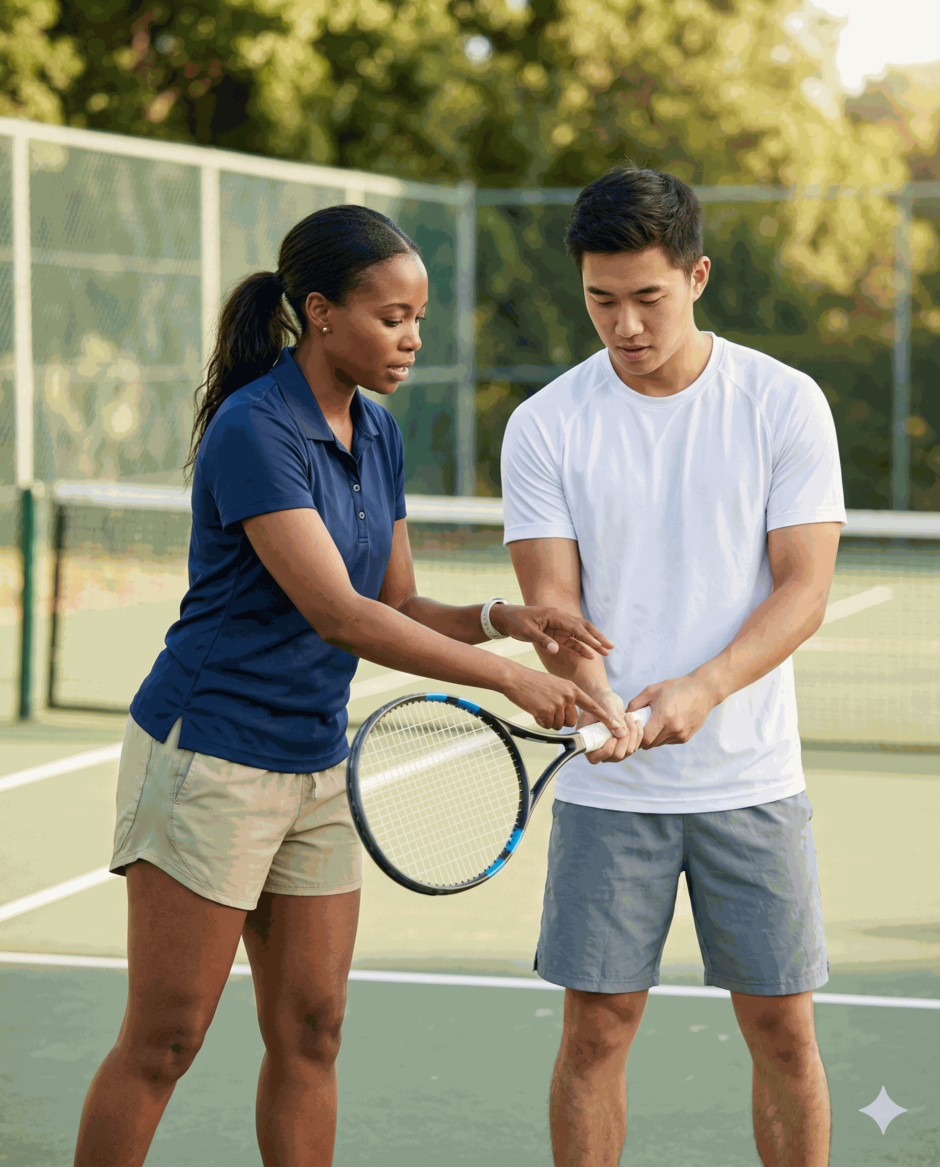 Tennis coach adjusting a player's grip technique during a lesson