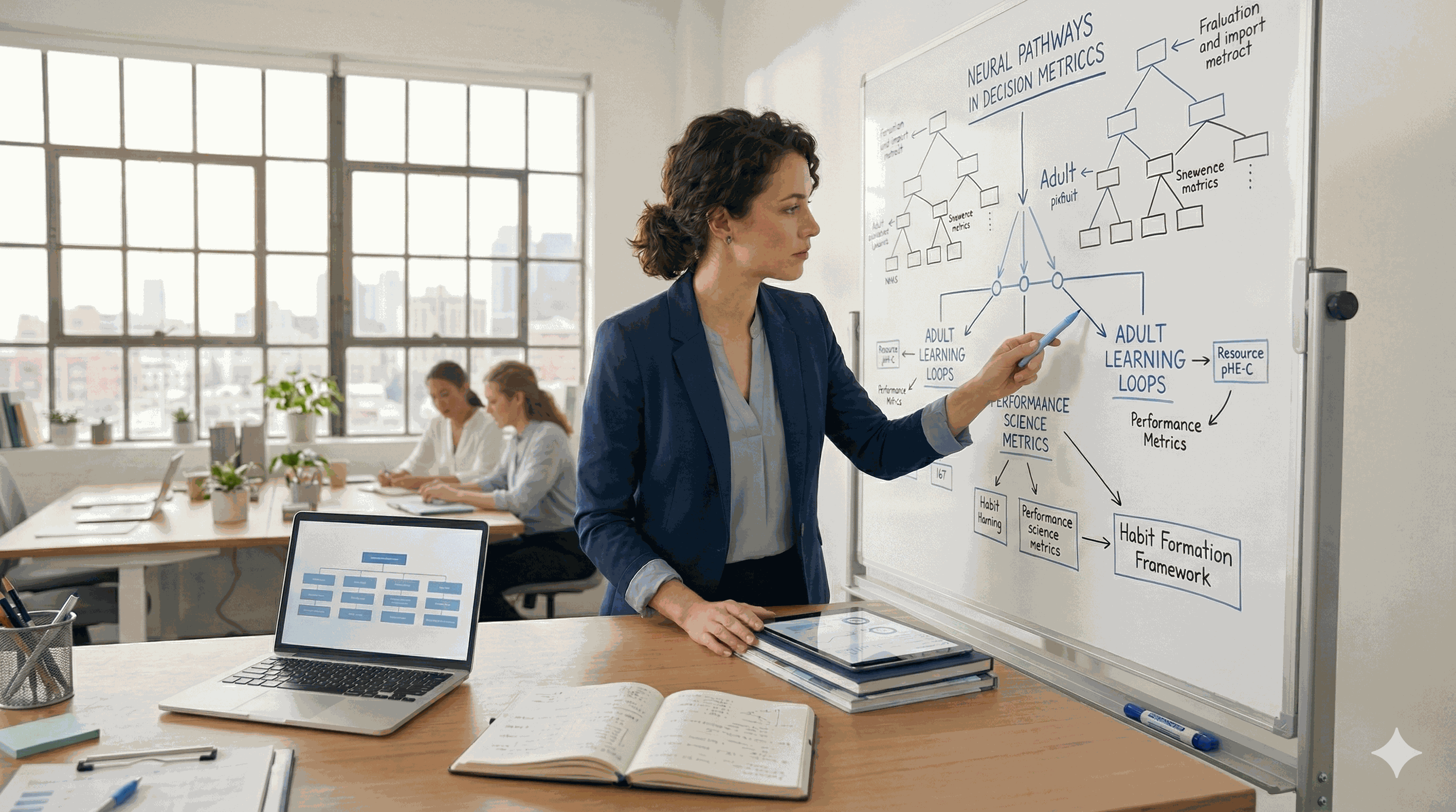 Researcher mapping frameworks on a whiteboard