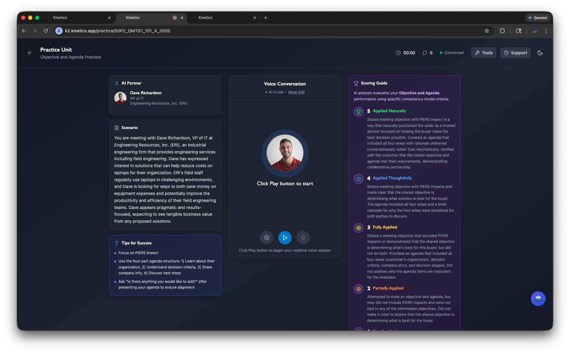 Kinetics Practice — AI partner, voice conversation, and scoring guide