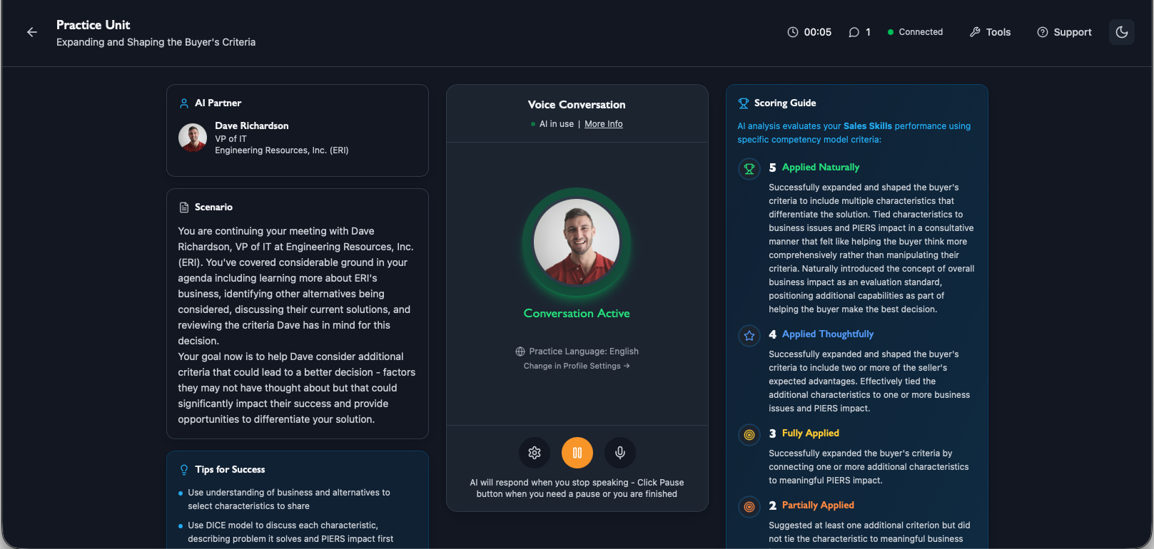 Kinetics Practice — a practice unit with an AI buyer, scenario, and scoring guide