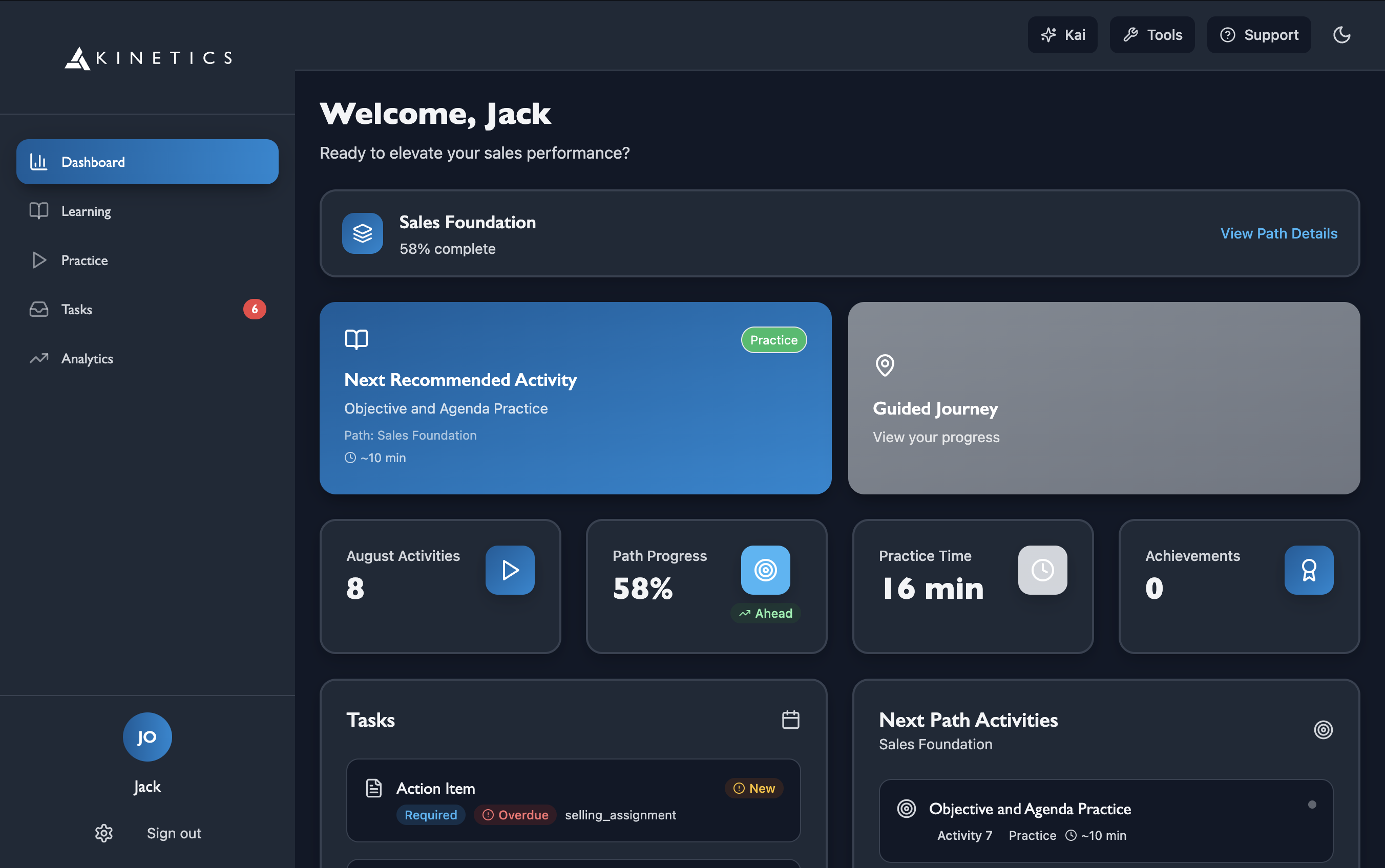 Kinetics Learning — dashboard with guided learning path and progress tracking