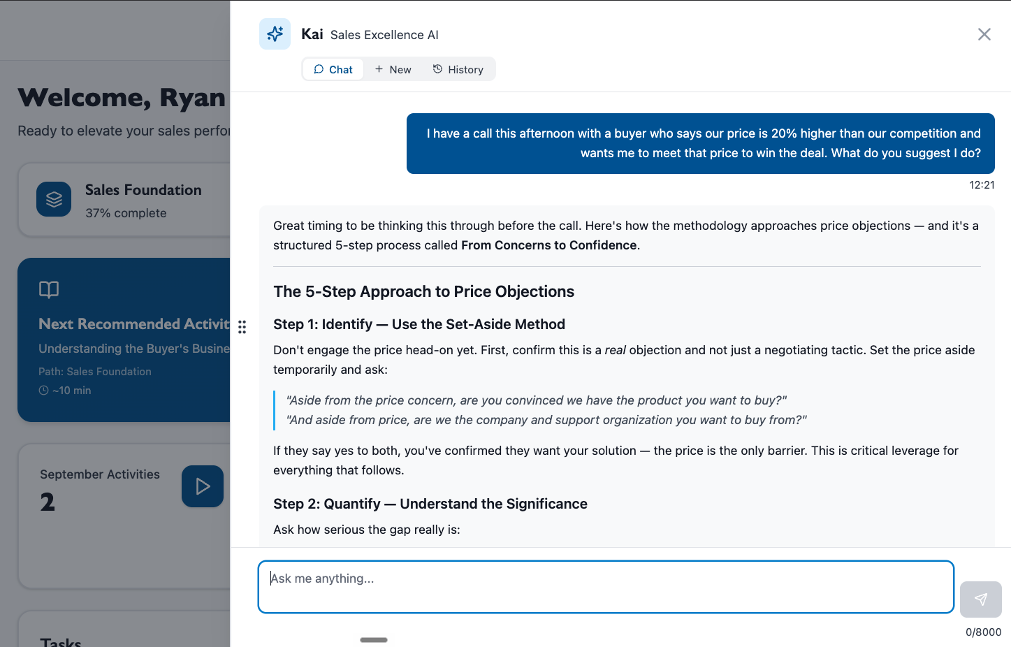 Kinetics Selling — Kai working a price objection with a seller ahead of a call, using the From Concerns to Confidence model