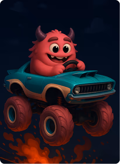 Red cartoon monster with horns driving a teal monster truck with oversized tires on a dark background.