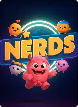 Colorful animated characters surrounding the word 'NERDS' in bold yellow letters with a glowing circular background.