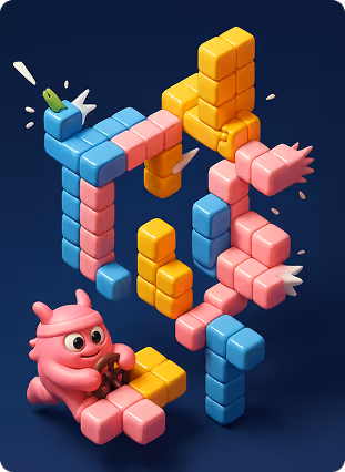 3D illustration of a pink character assembling colorful block puzzle pieces in mid-air on a dark blue background.