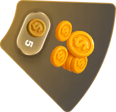 Five gold coins with dollar signs and a gold tray holding one coin and the number 5.