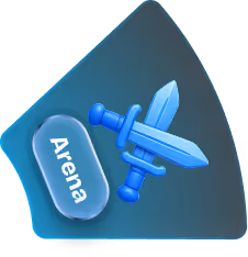 Blue crossed swords icon beside a rounded rectangle button labeled Arena on a dark curved background.