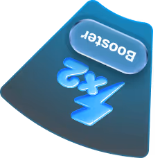 Blue 3D button with the text 'Booster' above a shiny 3D icon showing 'x2', tilted diagonally.