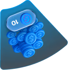 Blue digital tokens with the number 10 and currency symbol, scattered with a container on a blue gradient background.