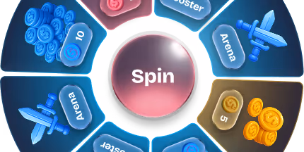 Circular game wheel with a central pink button labeled 'Spin' surrounded by blue and gold segments featuring coins, swords, and 'Arena' and 'Booster' labels.