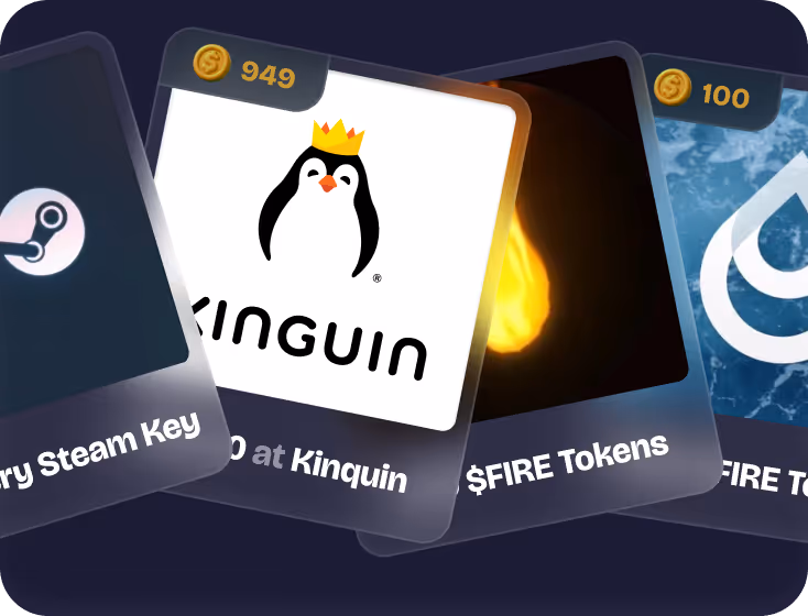 Digital trading cards depicting a Steam key, a Kinguin card with a crowned penguin logo worth 949 coins, and $FIRE Tokens worth 100 coins.