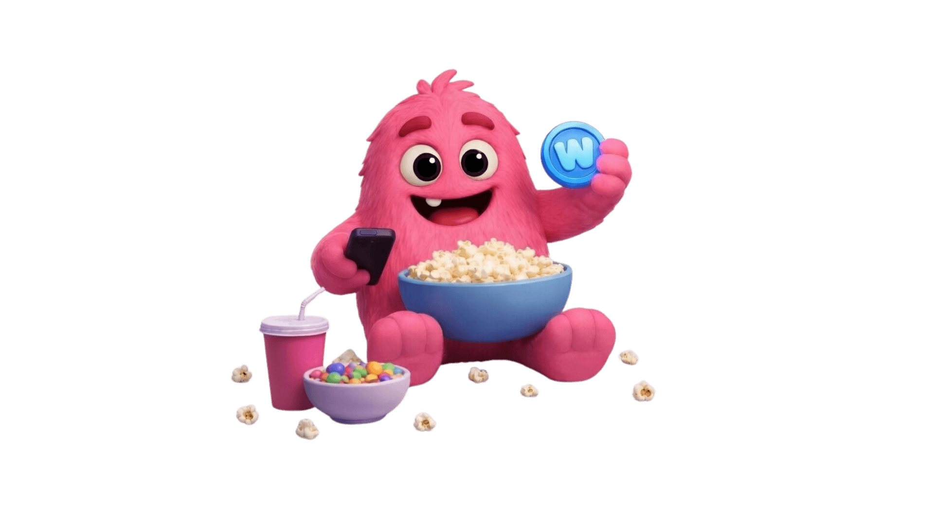 Winnly sitting with a bowl of popcorn, holding a phone and a blue coin with a W on it, next to a cup with a straw and a bowl of colorful candy.