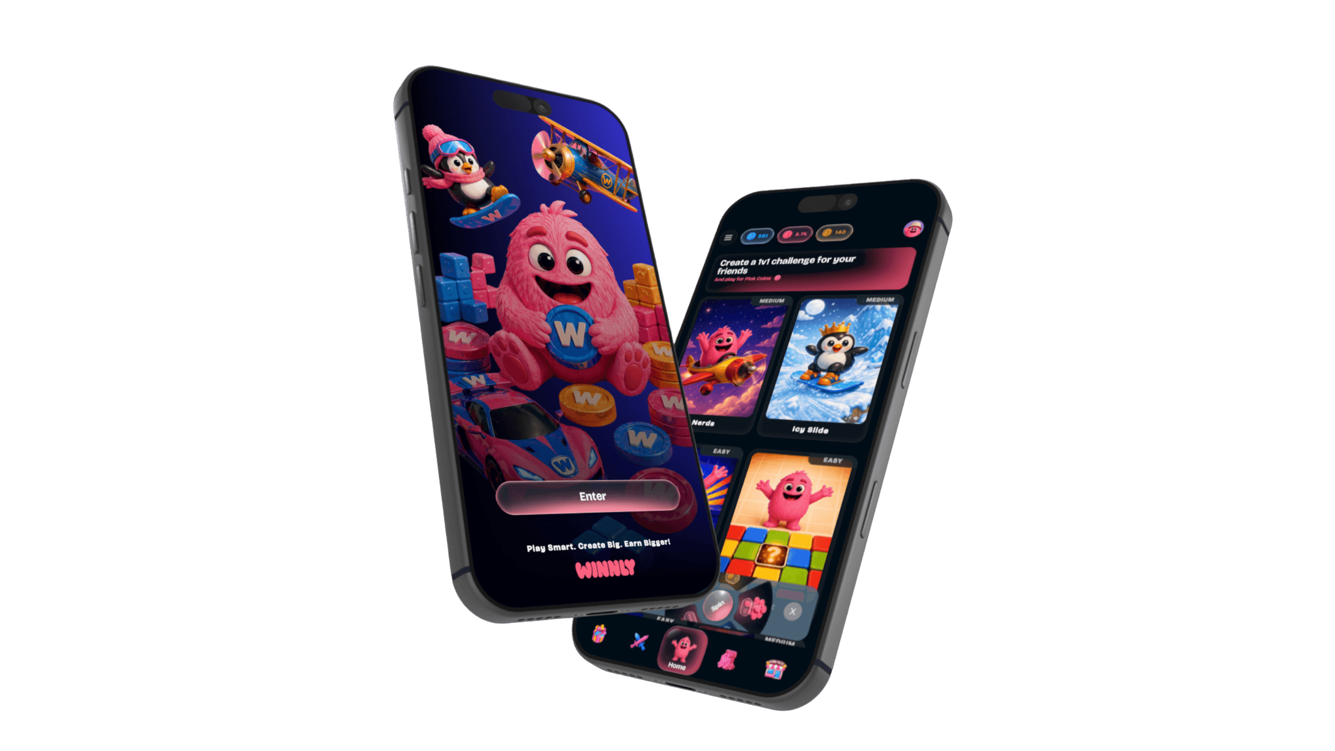 Two purple smartphones displaying a game app with a Kinguin voucher on one screen and active game challenges on the other.