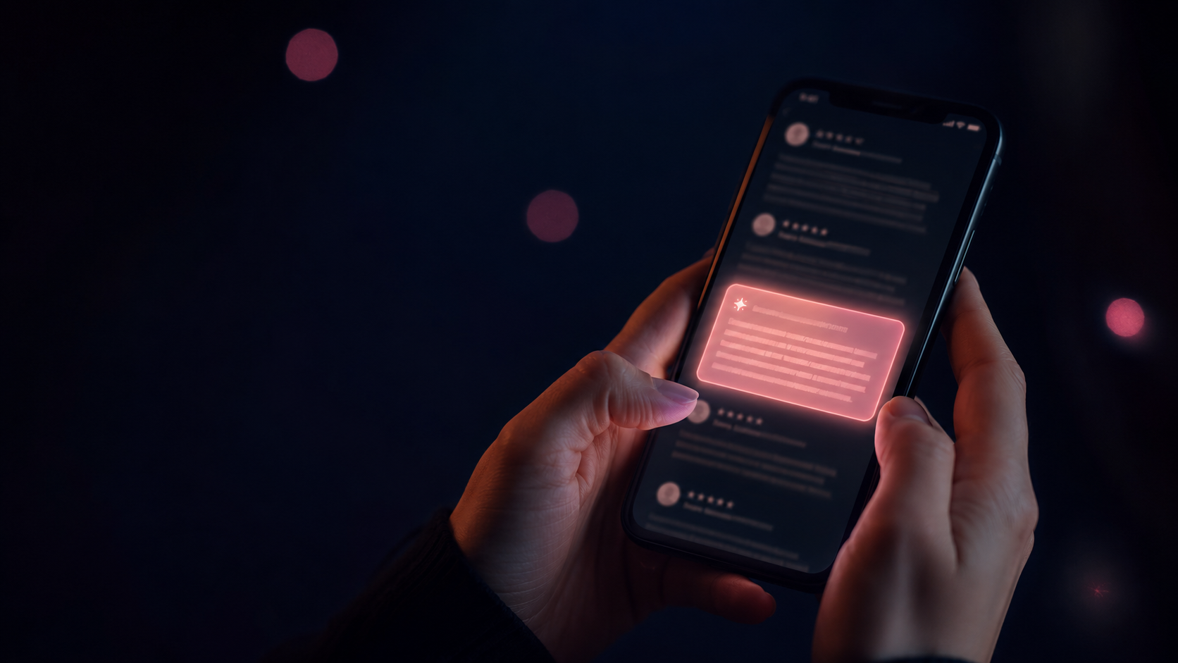 A hand holding a smartphone showing a product page. One review summary glows softly in pink in the middle of the screen.
