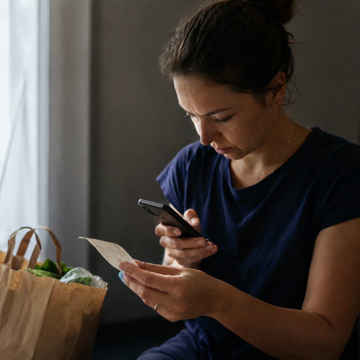 A consumer scanning her receipt after a purchase