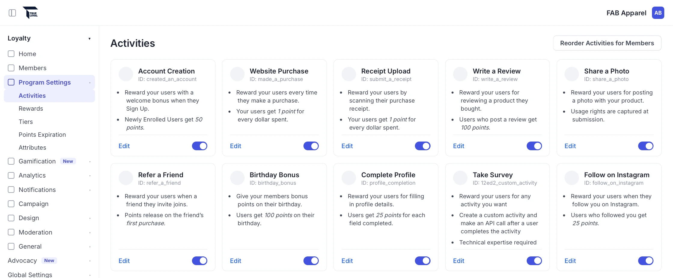 TrueLoyal rewards and tiered loyalty program earning rules