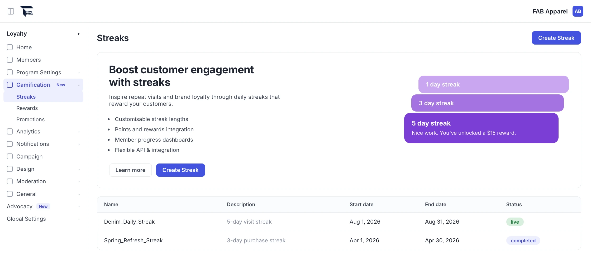 TrueLoyal gamified loyalty streaks and member engagement