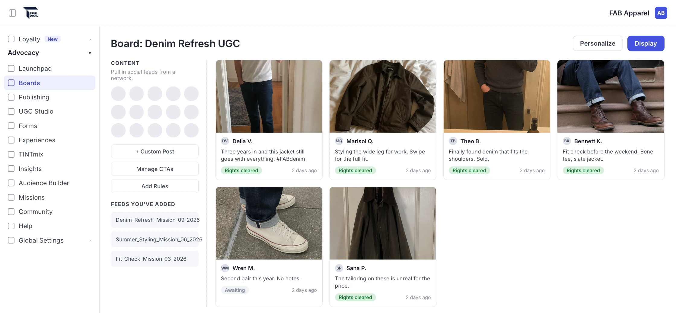 Boards screen showing customer photos with usage rights status