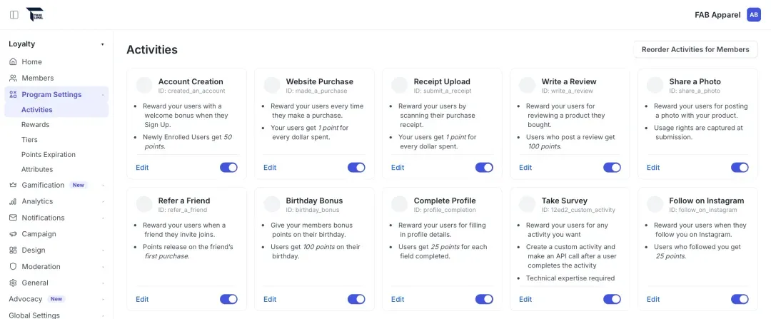TrueLoyal rewards and tiered loyalty program earning rules
