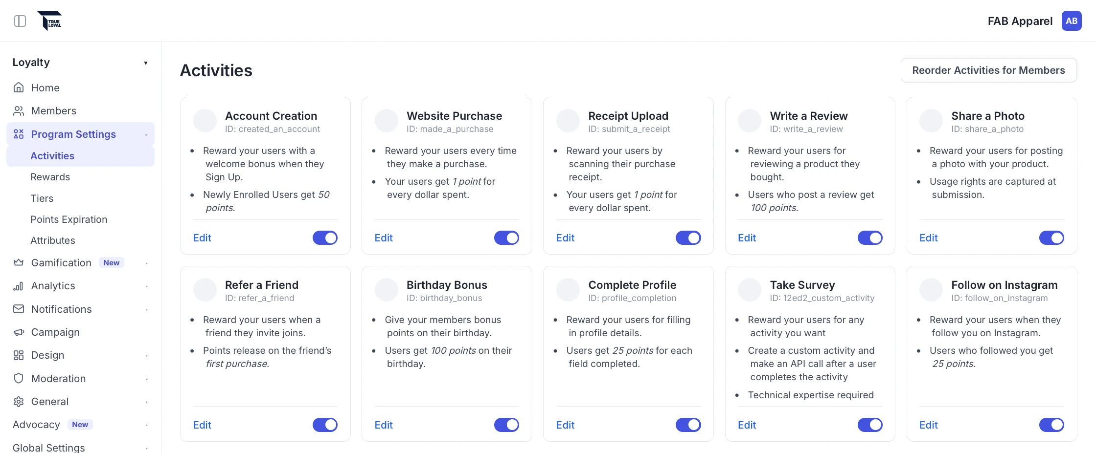 TrueLoyal rewards and tiered loyalty program earning rules