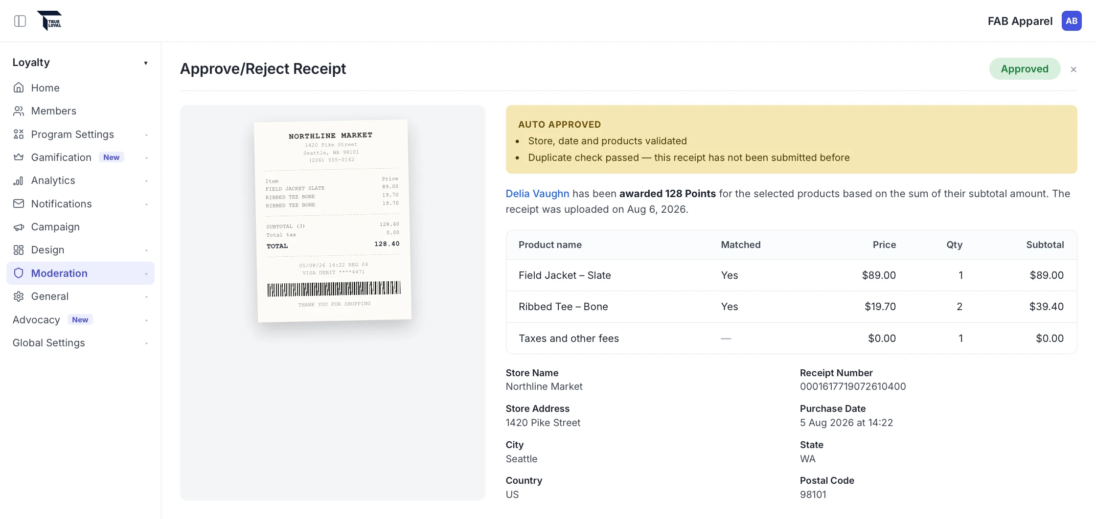 Receipt review screen matching a scanned retail receipt to a loyalty member