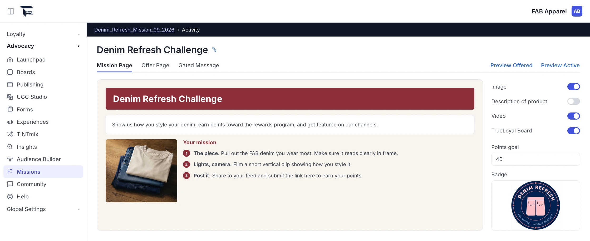 Mission builder screen setting up a referral reward