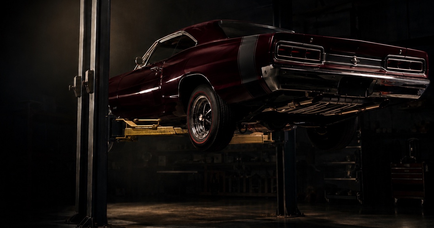 A classic muscle car raised on a two-post lift in a workshop