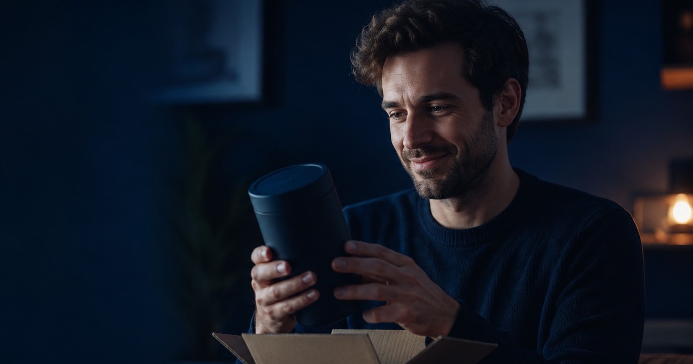 A customer smiling as he opens a delivery box at home and lifts out the product