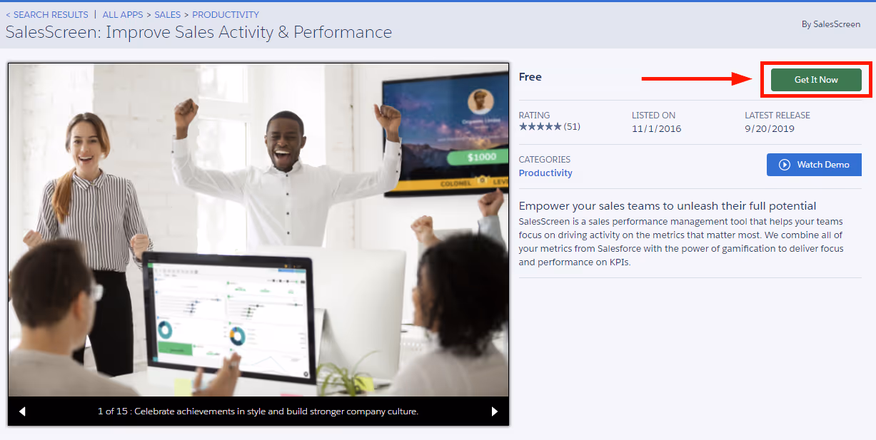 The SalesScreen listing in Salesforce AppExchange.