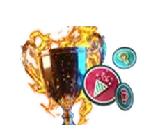 Gold trophy cup with flames behind it and three colorful icons on the right side.