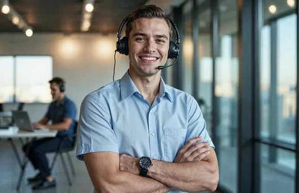 Smiling man wearing a headset and light blue shirt with arms crossed in a modern office.