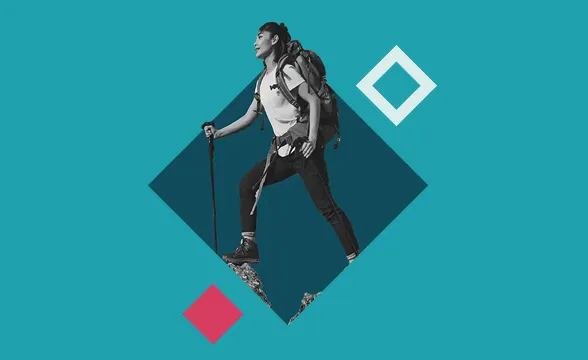 Woman hiking with backpack and walking stick stepping on a rocky surface, set against a teal background with geometric shapes.