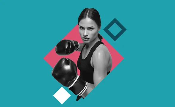 Woman in black boxing gloves and athletic wear in a fighting stance against a teal background with geometric shapes.