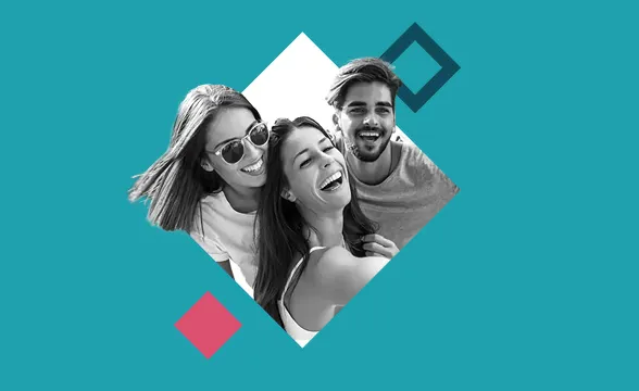 Three friends smiling and laughing together in a diamond-shaped frame on a teal background.