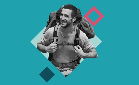 Smiling man wearing a large backpack against a teal background with geometric shapes.