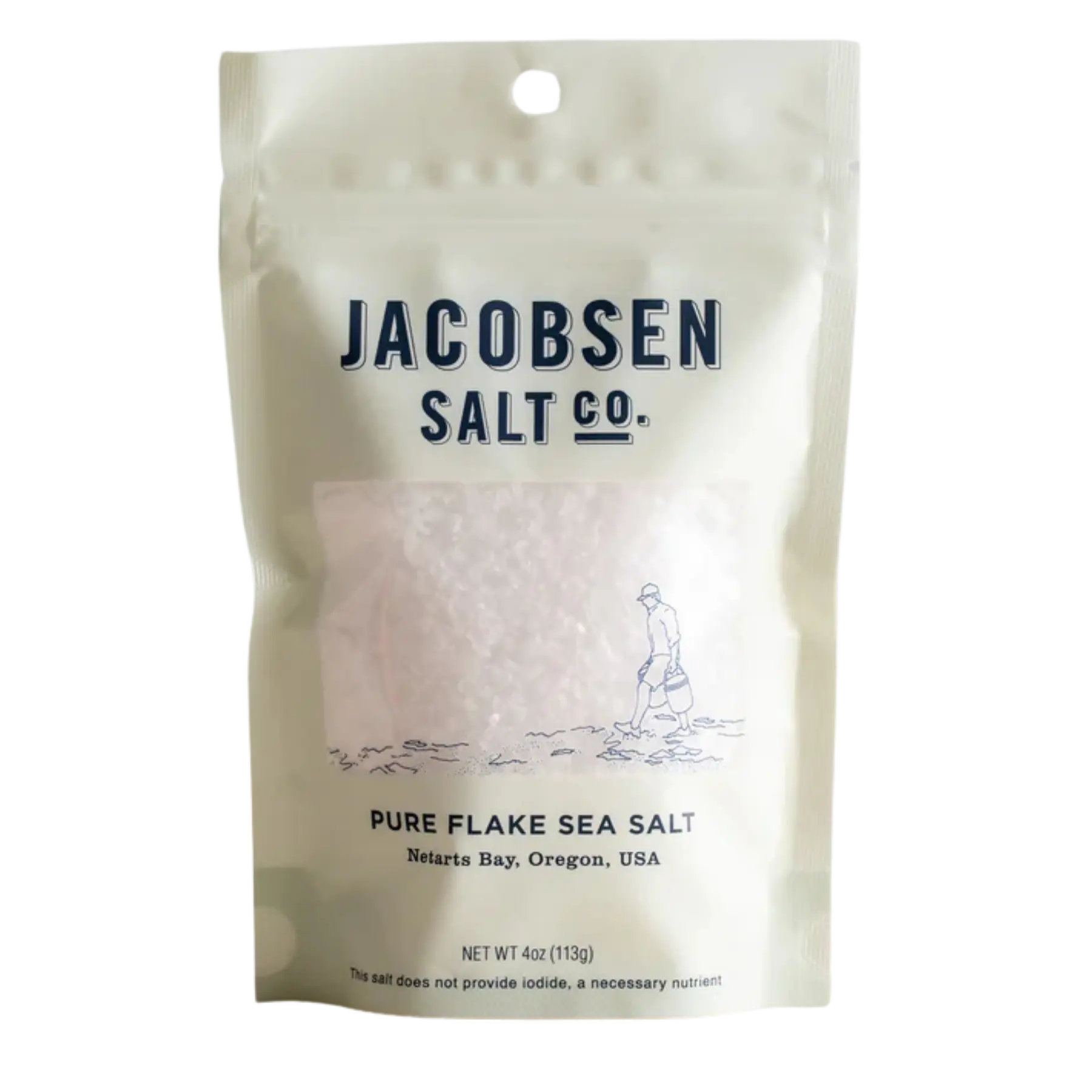 Package of Jacobsen Salt Co. Pure Flake Sea Salt from Netarts Bay, Oregon, USA, with a minimalist illustration of a man carrying buckets.
