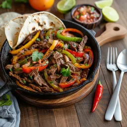 Skillet of steak fajitas with sliced red, yellow, and green bell peppers, onions, cilantro, and warm tortillas on the side.