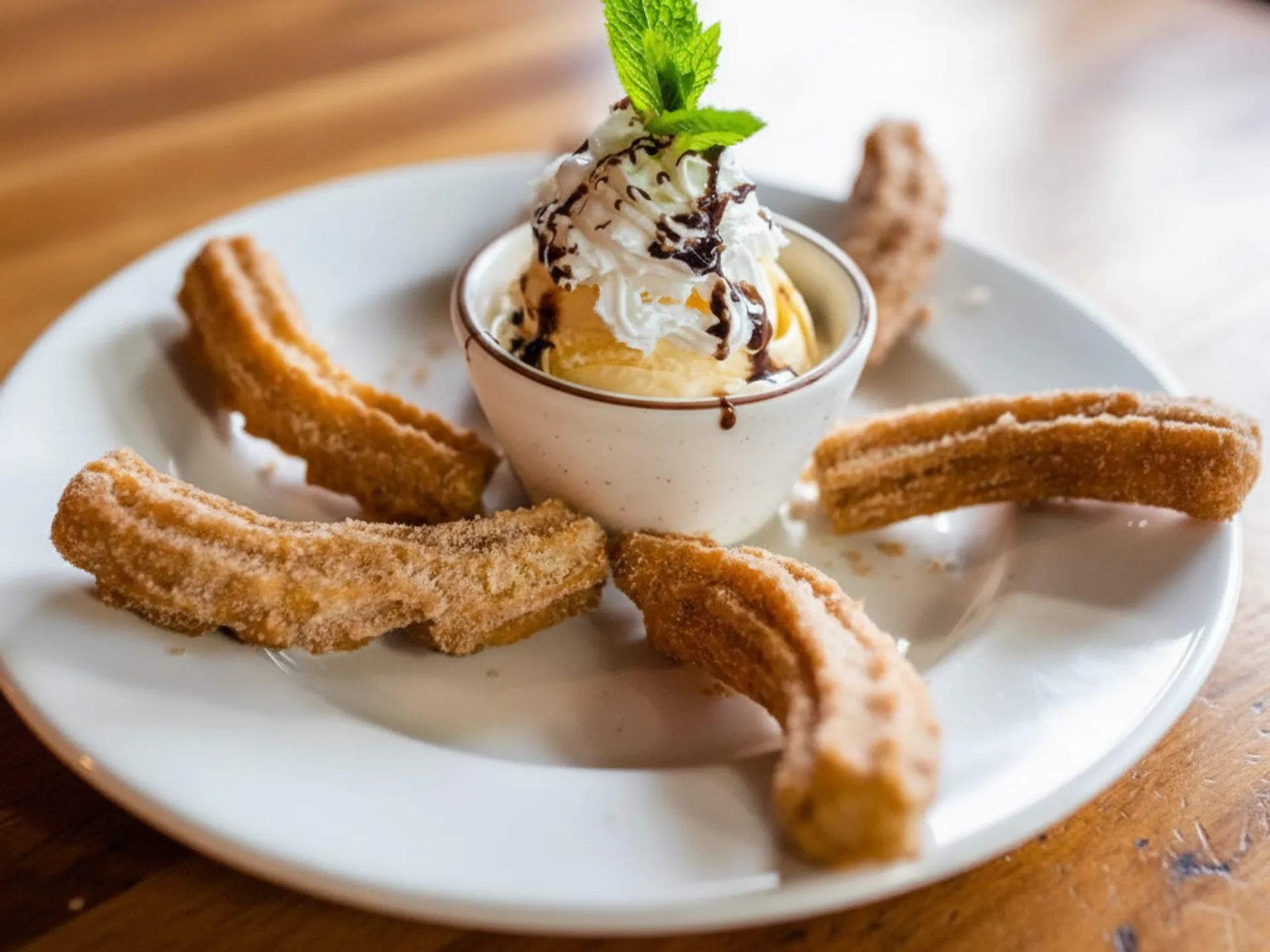 Plate with five cinnamon sugar churros surrounding a bowl of vanilla ice cream topped with whipped cream, chocolate syrup, and a mint leaf.