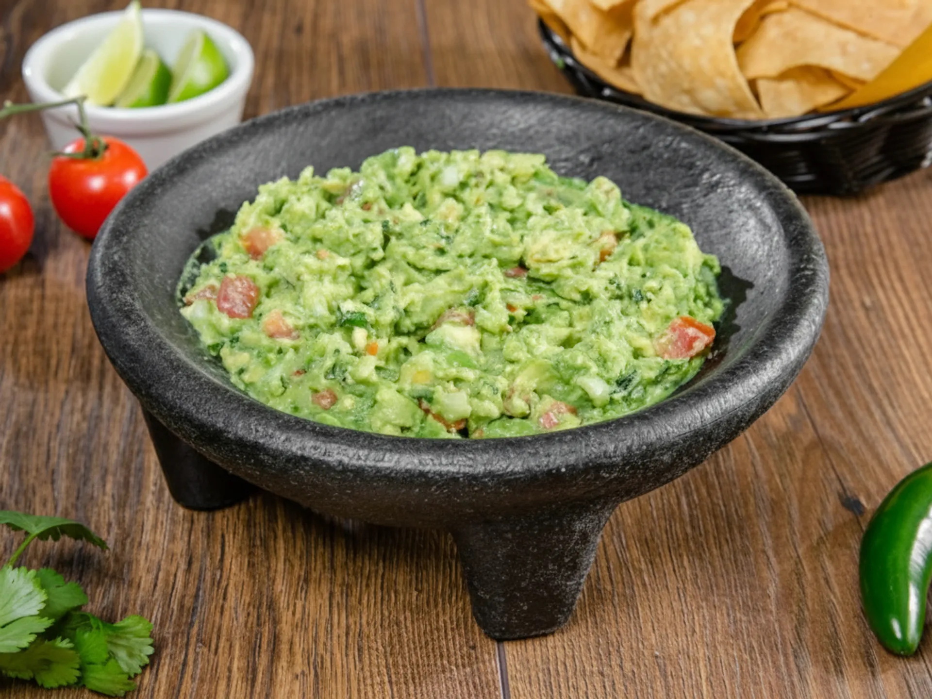 Bowl of guacamole with visible diced tomatoes served on a wooden table with lime wedges, cherry tomatoes, cilantro, jalapeño, and tortilla chips in the background.