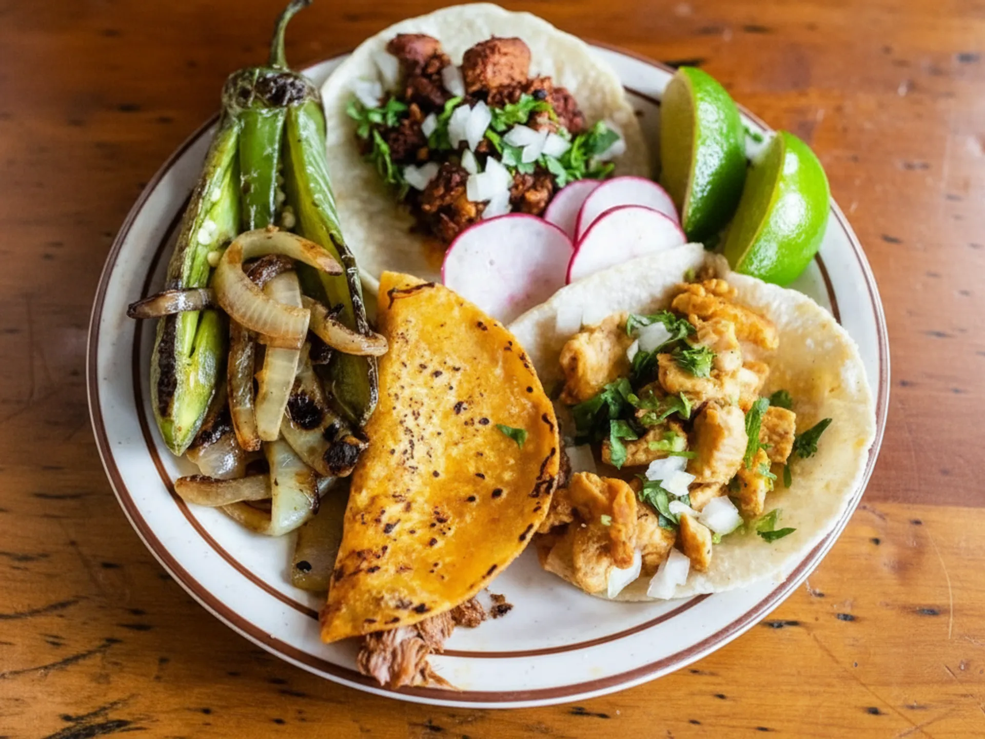 Plate with three tacos filled with meats and onions, grilled jalapeño peppers with onions, lime wedges, and sliced radishes on a wooden table.