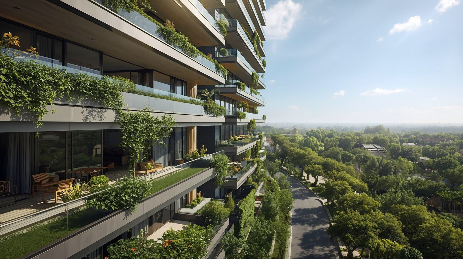 Modern apartment building with balconies featuring abundant green plants overlooking a tree-lined road and a vast green landscape under a clear sky.