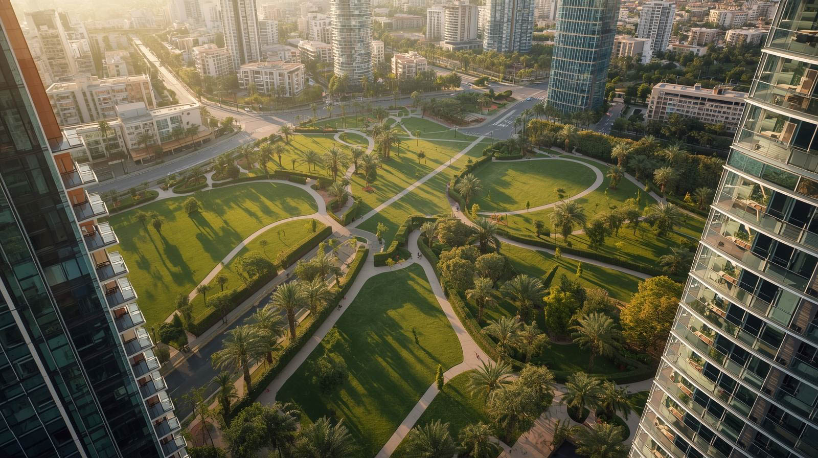 Aerial view of a sunlit urban park with walking paths, palm trees, and surrounding high-rise buildings.