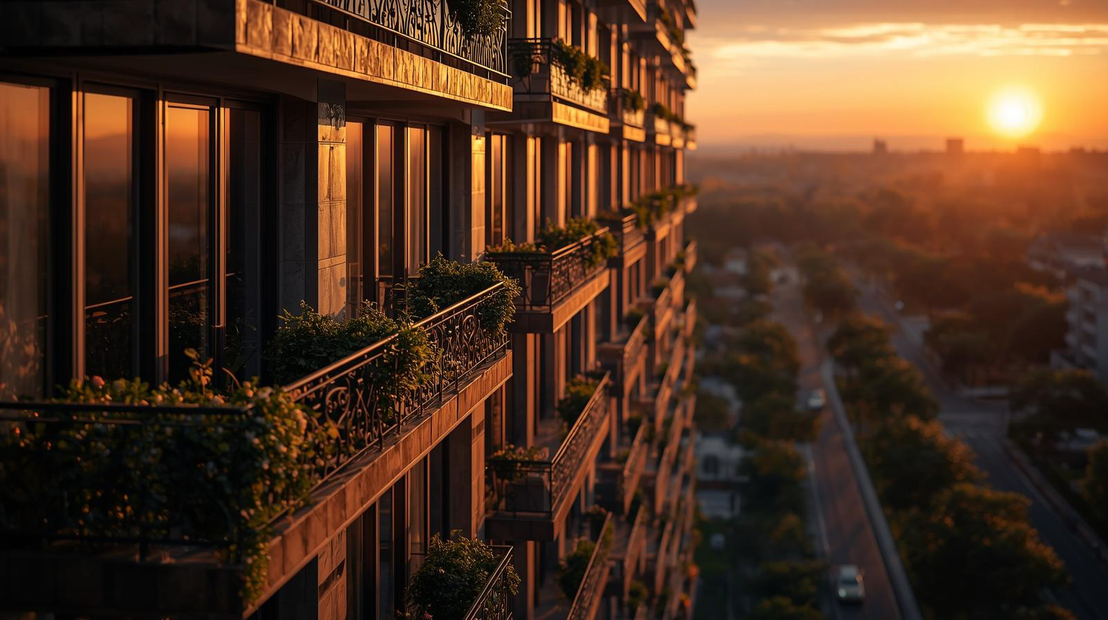 Balconies with plants on a building reflecting golden sunset light overlooking a tree-lined street at dusk.